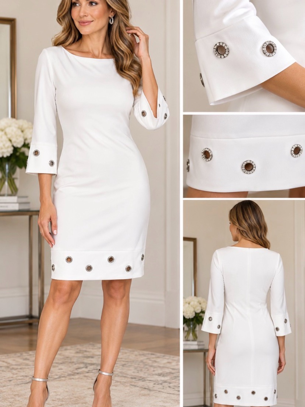 Joseph Ribkoff White Sheath Dress Jeweled Grommet details